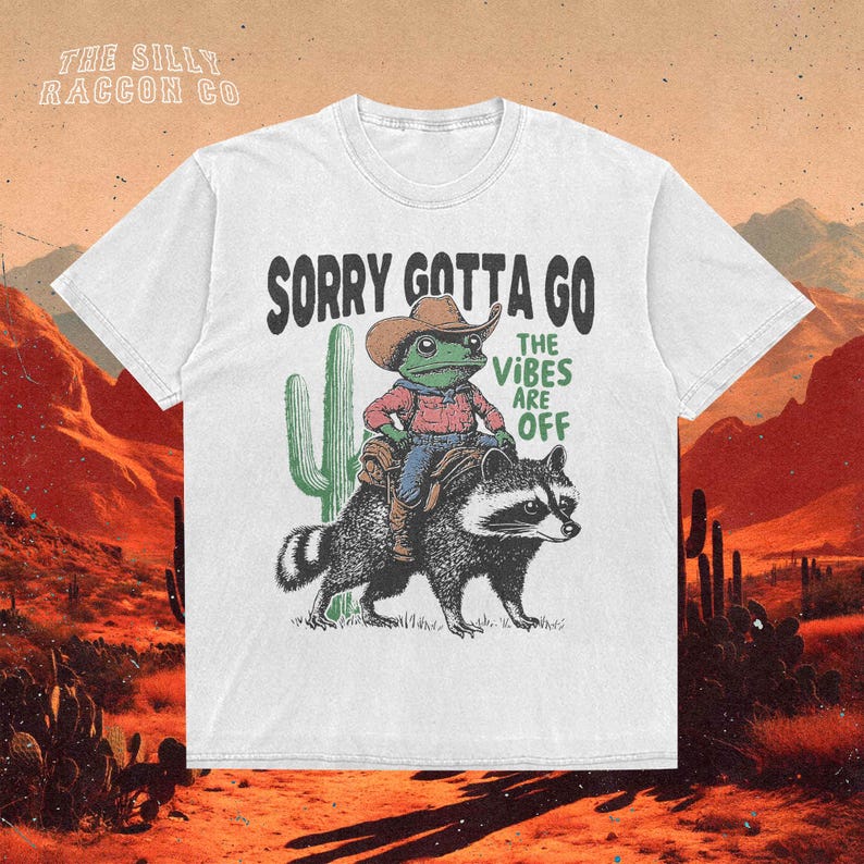 

Cowboy Frog Riding Raccoon Shirt The Vibes Are Off Weird Unisex Shortsleeved Retro Street Casual Fashion Tops Clothing S