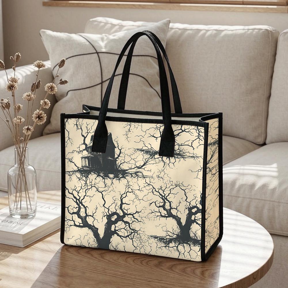 Gothic Tree Print Tote Bag Casual Large Capacity Shoulder Handbag for Daily Use