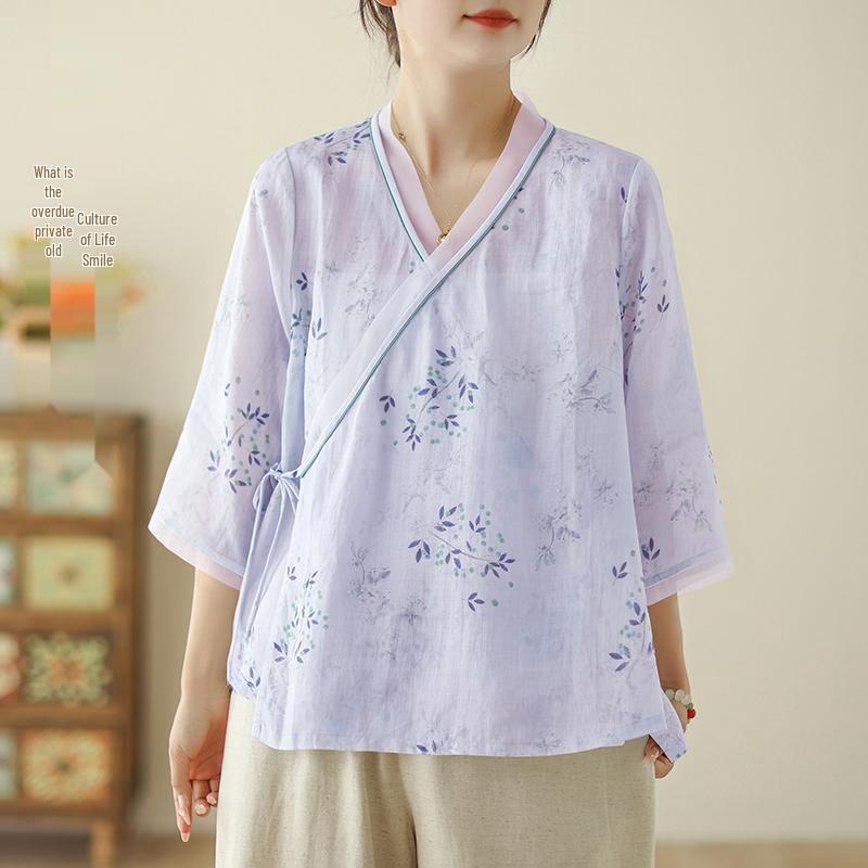 

2026 Summer Chinese Style Women s Loose Ramie Top - Lace-up Seven-Sleeve Artistic Shirt for Tea Ceremony M светло-синий
