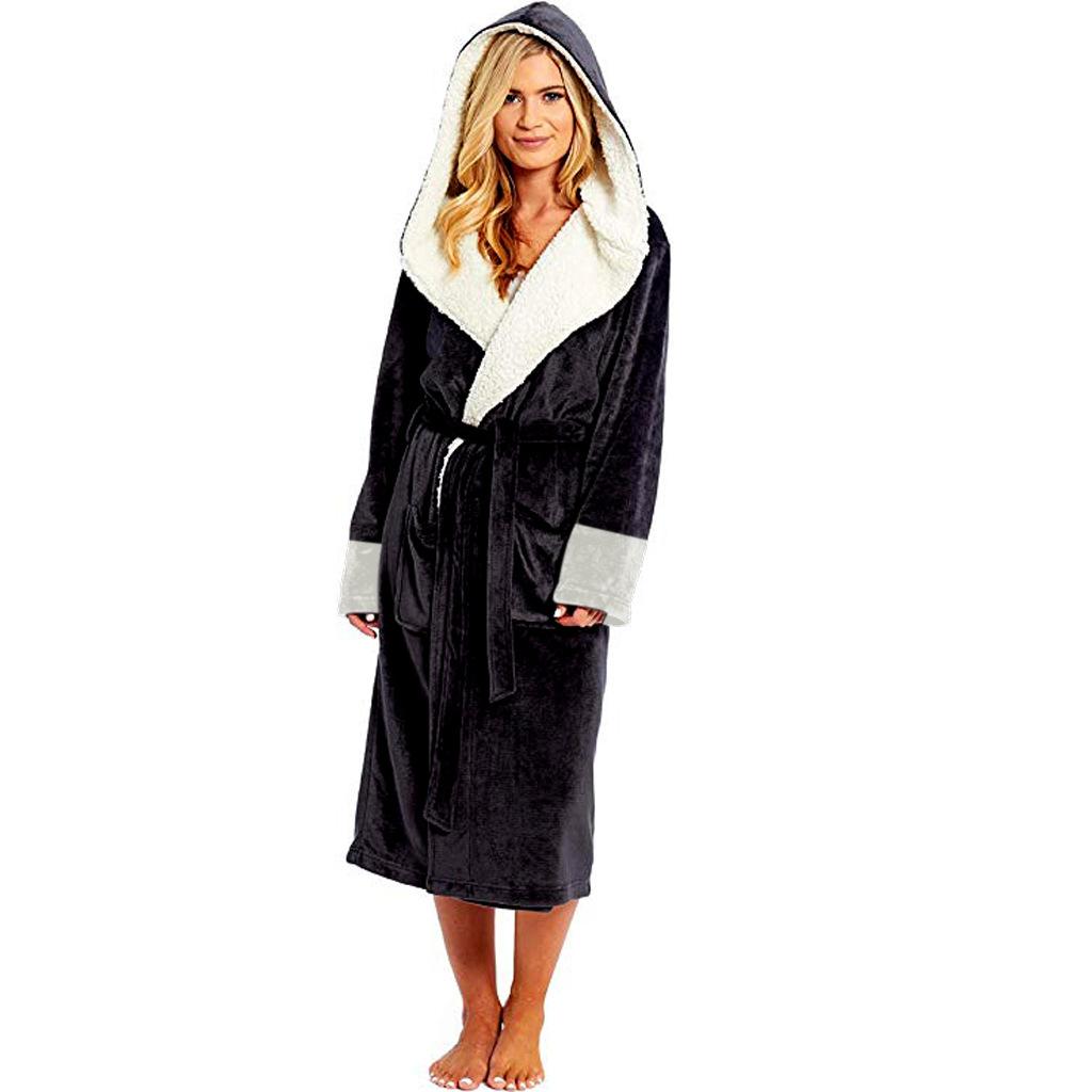 Women's Solid Color Long Sleeved Plush Bathrobe With Belt