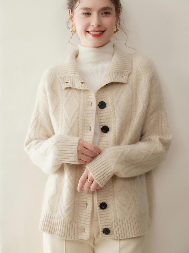 Cashmere High Neck Loose Knit Cardigan with Pockets - Women's Autumn/Winter Fashion Outerwear