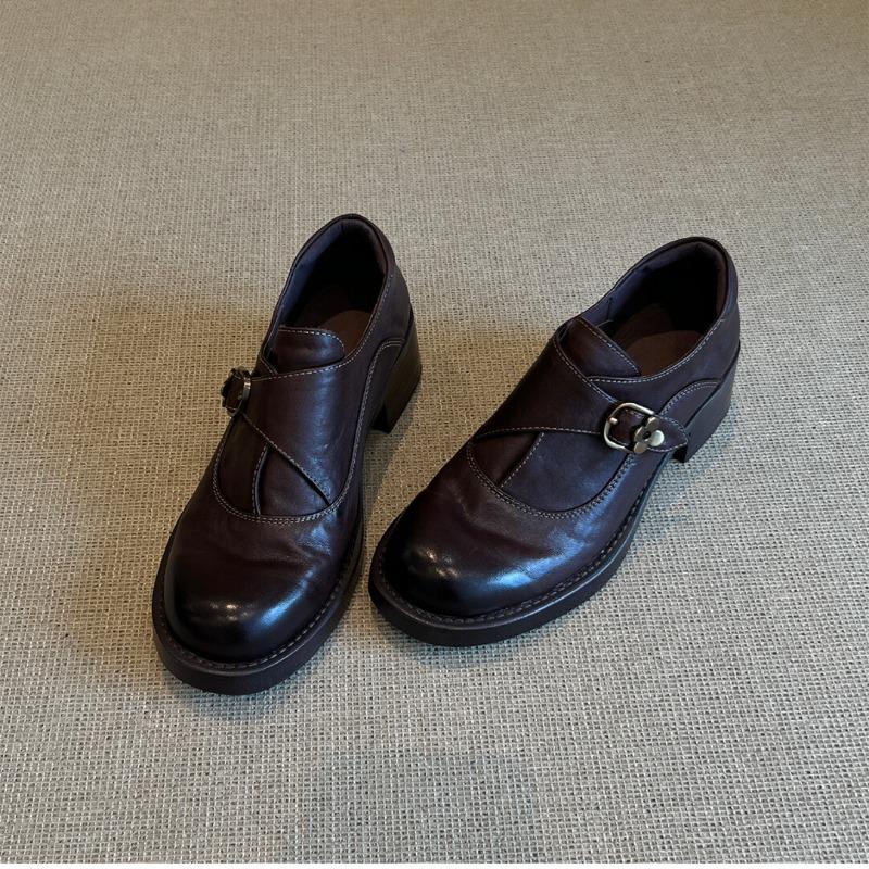 Soft cowhide~ Genuine leather platform women's small thick heel single shoes retro brown small leather shoes