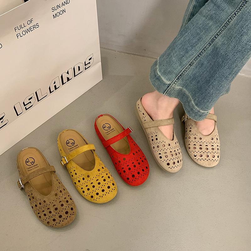 Baotou Half Slippers Women's 2025 Summer New Korean Version Hollow Fashion Belt Buckle Flat Bottom One Pedal Boken Slippers Women