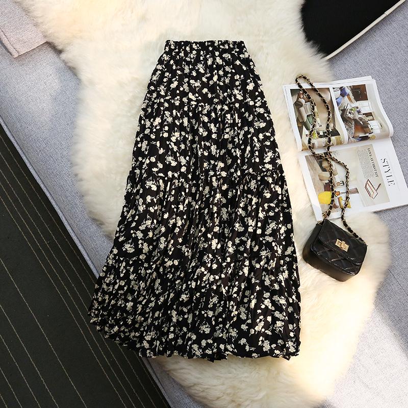 Spring 2024 Vintage Floral Pleated Midi Skirt for Women - High Waist, Draped, Trendy, Gentle Spring/Summer Mid-Length Skirt.