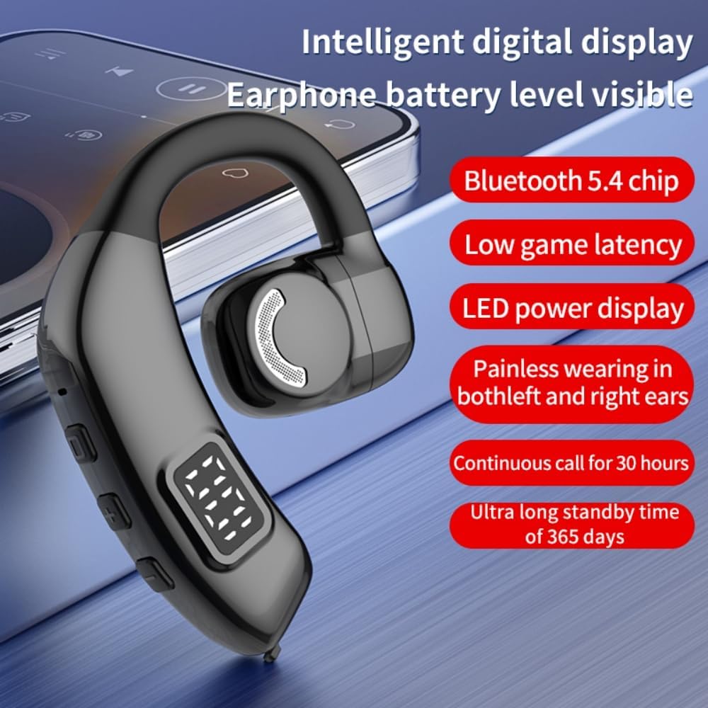 Bluetooth Headset V5.3, Wireless Bluetooth Earpiece 30Hrs HD Calling,LED Display Hands-Free Bluetooth Earphone for Driving/Business/Office, Black