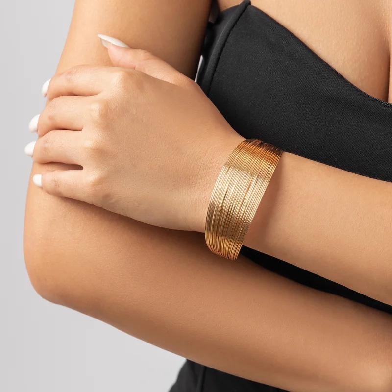 Vintage Gold Color Multi-Layer Opening Wide Cuff Bracelet for Women Punk Metal Adjustable Personality Bracelet Jewelry Gifts