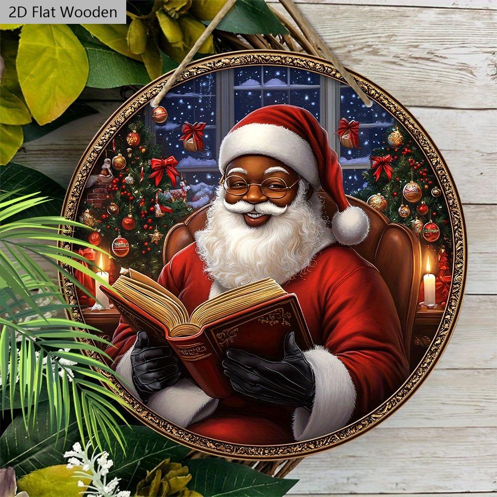 Schwarzer Weihnachtsmann Holzweihnachtsschild - Navidad Rundes Schild für Hof, Tür, Wandbehangdeko - Ideale Weihnachtsdekoration