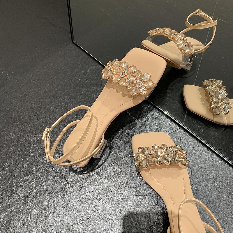 Square head French silver sandals women's summer 2025 new one-word with flower rhinestone transparent thick heel high heels