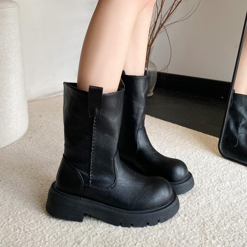 Winter Street Style Thick Heel Women Knight Boots Fashion Slip On Party Dress Shoes Ladies Concise Leather Mid Calf Booties