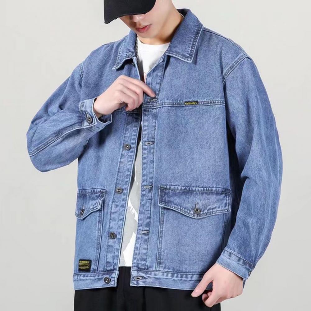 Versatile Denim Jacket Stylish Men's Denim Jacket with Lapel Collar Long Sleeves Large Pockets Fashionable Spring Autumn for Men