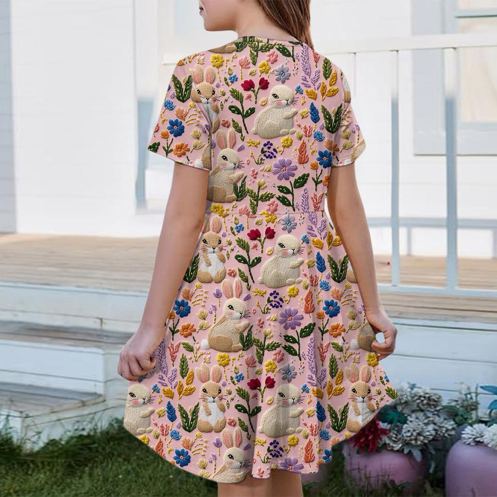 Girl Summer Dress Color & Print Short Sleeve Dress With Pocket Casual Dress Shorts Sleeve Party Dress Easter Day