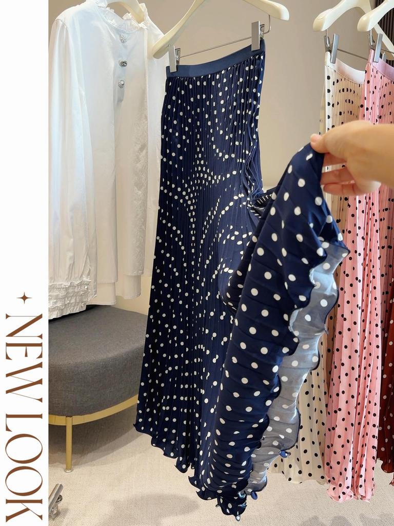 New Summer French Polka Dot High-Waist Pleated A-line Midi Skirt for Women