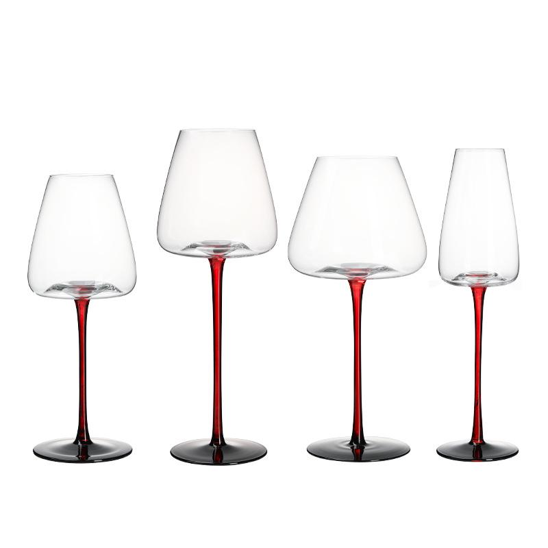 Burgundy Red Wine Glass with Black Base - Crystal Champagne, Concave Bottom, Tall Stem for Home Use
