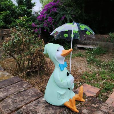 Kachní figurka do zahrady, Miniaturní řemeslo s deštníkem, Venkovní ozdoba