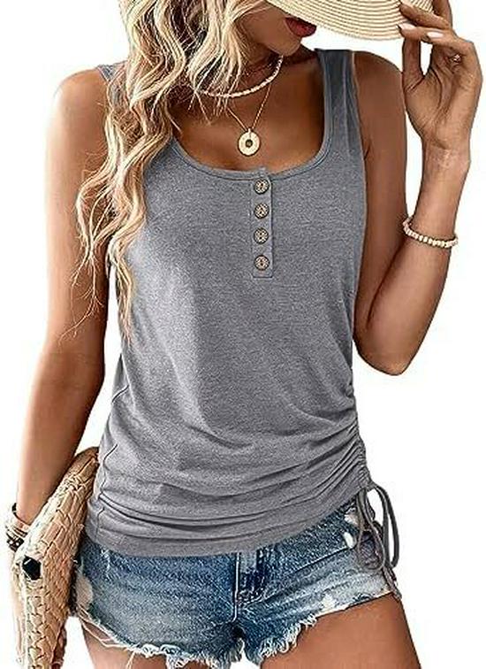 Women's Casual Sleeveless U-Neck Button Drawstring Shirt