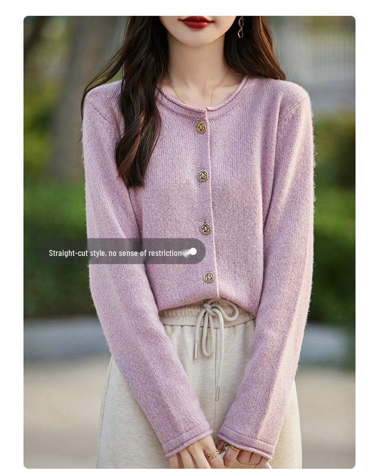 Women's Korean Style Round Neck Cashmere Cardigan - 100% Pure Wool, Casual Versatile Flower Yarn Knit Sweater