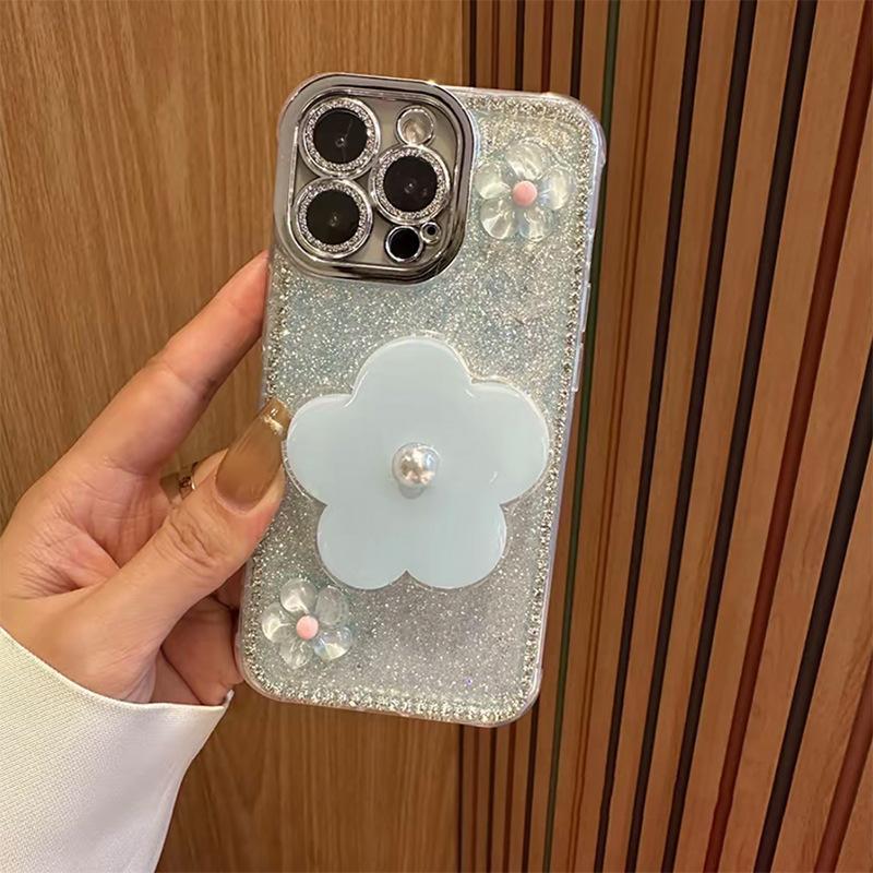 

Pearl Flower Air Bag Holder Female Mobile Phone Case for Apple 16promax Glitter Sequins for IPhone 17 Glue For iPhone 17Promax