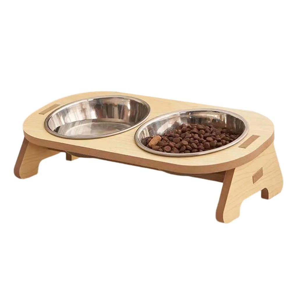 Raised Pet Bowl Inclined Steel Food Bowls Dog Water Feeding Food Container Cat Dish Wooden Stand Pet Supplies Single/Double