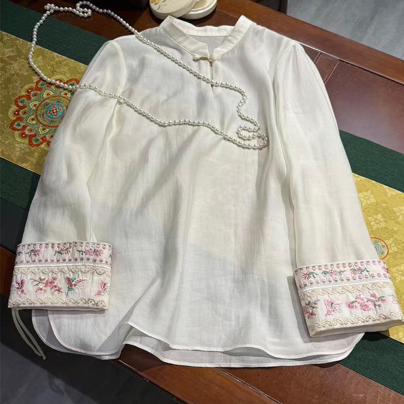 2026 Early Spring Women's Tencel Embroidery Patchwork Long Sleeve Shirt - Chinese Style Base Layer Top