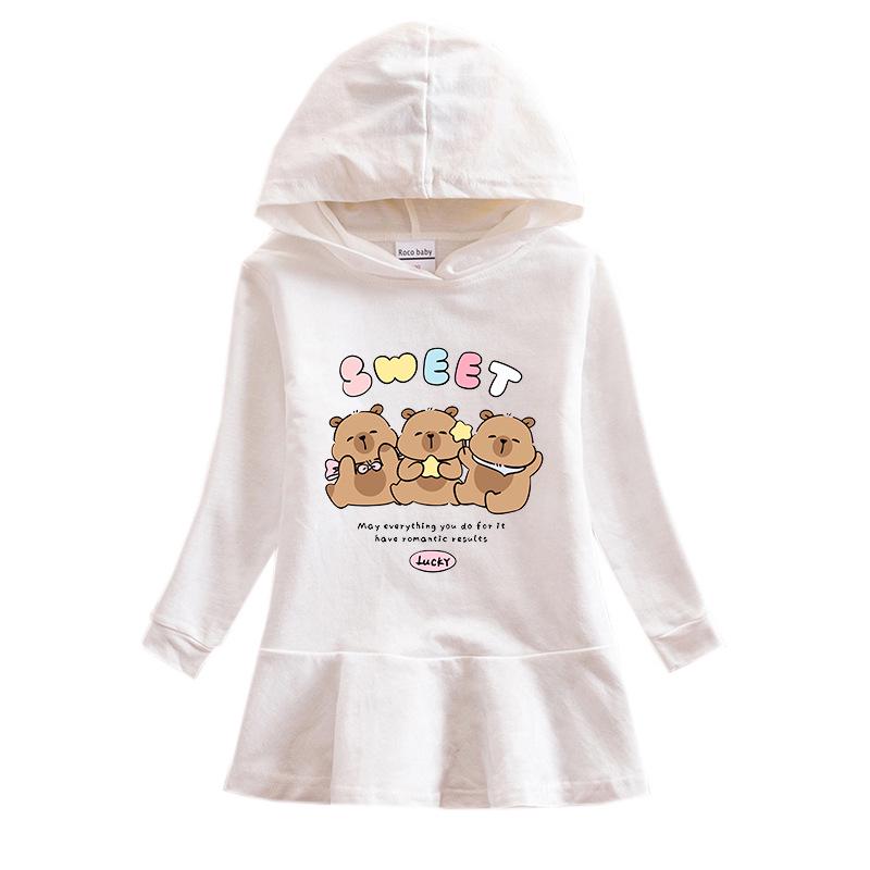 Spring & Autumn Ruffle Cartoon Rainbow Girls' Long Sleeve Hooded Sweatshirt Dress