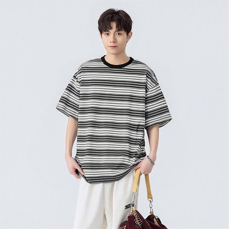 Men's Round Neck Short Sleeved T-shirt, Summer Casual Loose Striped T-shirt, Couple's Half Sleeved Top