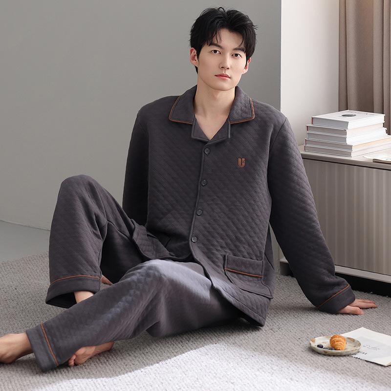 Autumn And Winter Thickened Pure Cotton Pajamas Dad Style Men'S Cotton Long-Sleeved Loungewear Warm Thin Padded Sandwich Set