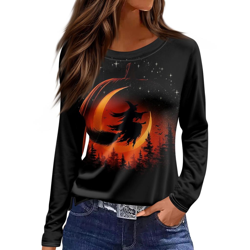 Women's Halloween Print Long Sleeve Round Neck Top with Hem Slit