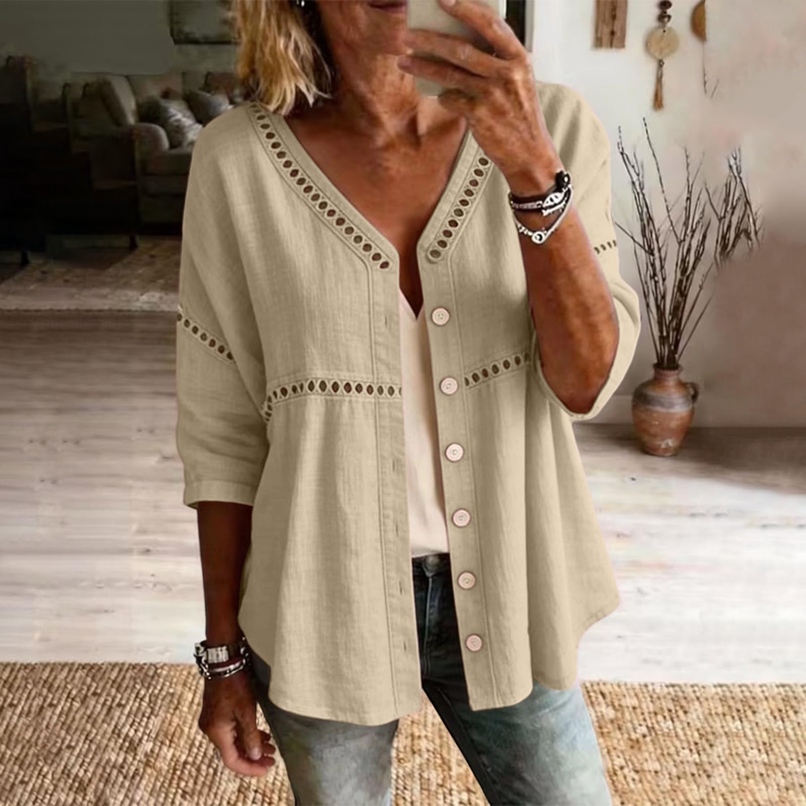 

Women Button Down Linen Shirts 3/4 Sleeve V Neck Eyelet Blouses Casual Cotton Hollow Out Boho Tops M хакі