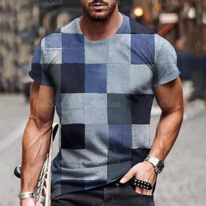 

Летняя мужская удобная повседневная эластичная футболка с круглым вырезом для активного отдыха, 3D цифровая лоскутная графическая футболка, уличный стиль Харадзюку, короткий рукав 6XL