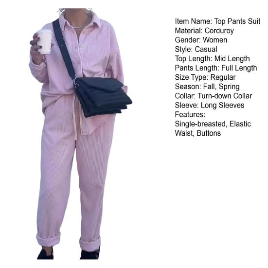 2 peças/conjunto feminino camisa calças conjunto turn-down colarinho simples trespassado mangas compridas solto