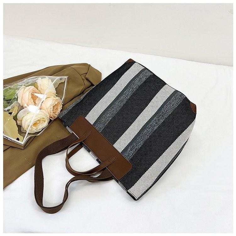 Large Stylish Color Block Striped Canvas Tote Bag For Women In Blue Black Or Khaki