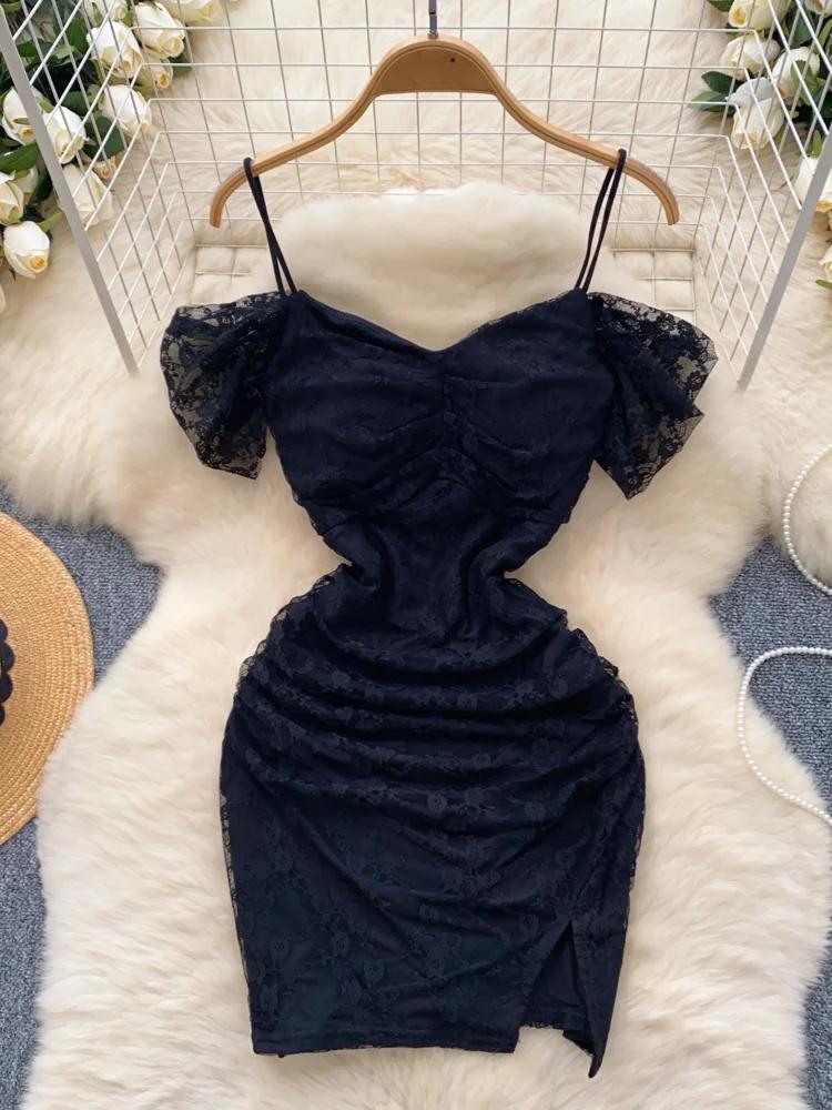 Sommer Korean Street Fashion Kurzes Kleid Frauen Sexy Spitze Offene Gabel Schlank Nachtclub Kleid Weibliche Heiße Mädchen Abend Elegante Kleidung