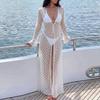 60646 Polka Dot Flocked Sexy Sheer Mesh Beach Dress Deep V Neck Long Sleeve Flared Cuff Slim Fit