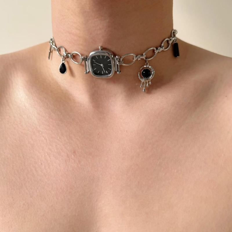 Heavy Duty Vintage Collarbone Chain Alloy Mechanical Watch Pendant Necklace Unique Sweet Cool Jewelry Gift for Women