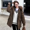 Women's Mid-Length Cotton Jacket with Large Fur Collar, Hooded, Winter 2024 Style, Warm Outerwear.
