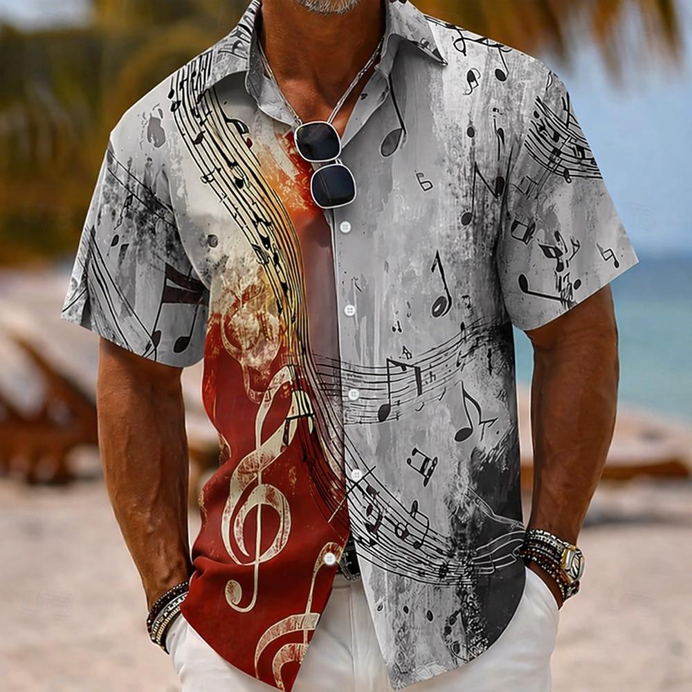 Herren bunt musikalische Noten Hemd Knöpfhemd Kurzarm Vintage Retro Täglich Musikfestival Frühling 3XL gray