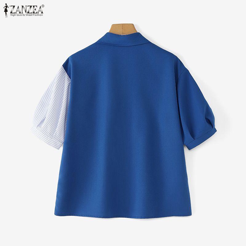 ZANZEA Women Casual Turn Down Collar Short Sleeve Stripe Patchwork Blouse