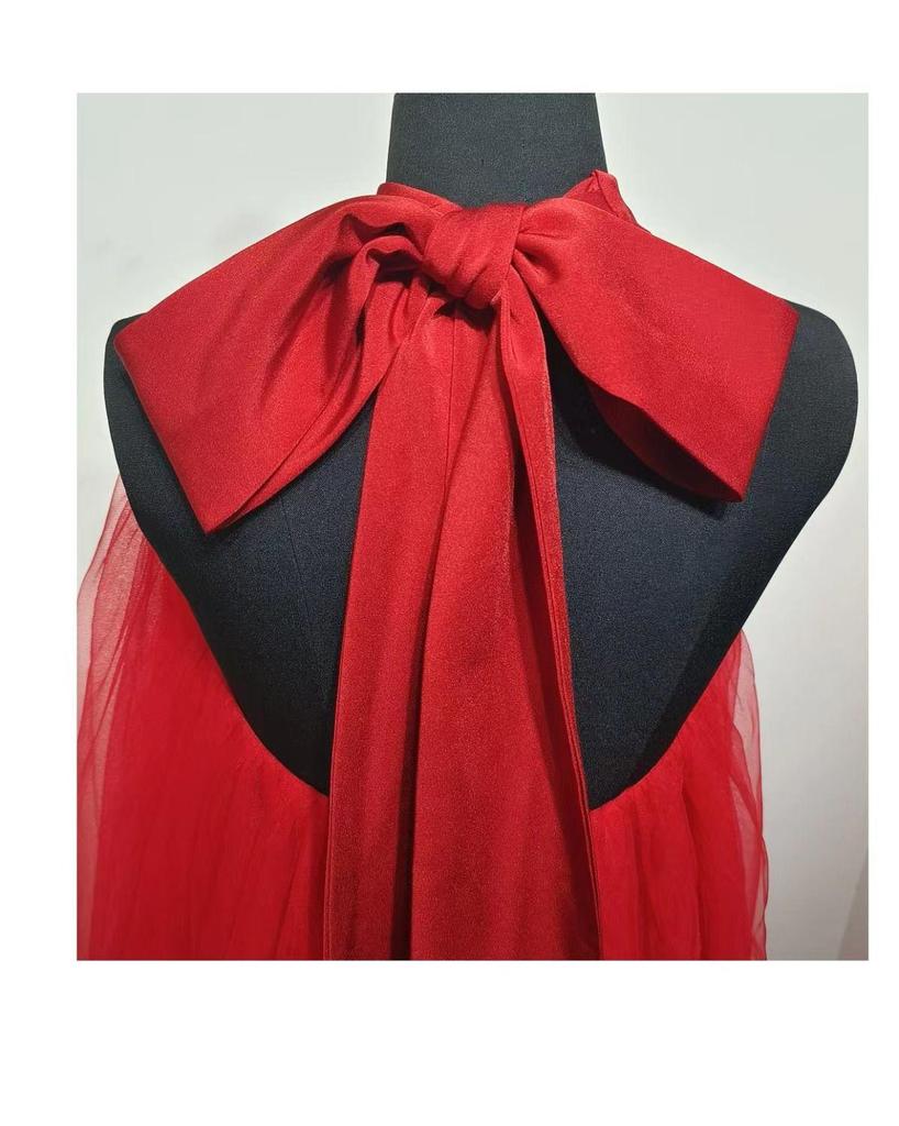 New Chinese-Style Red Backless Off-Shoulder Bridal Toast Dress with Festive Tulle