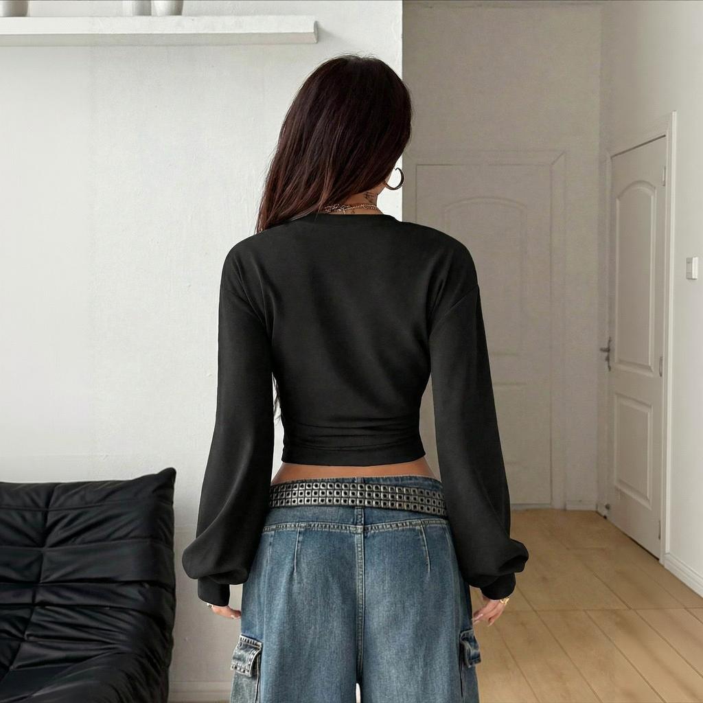 Women's Casual Long Sleeve Pleated Pullover Sweatshirt Color Top for Everyday Wear