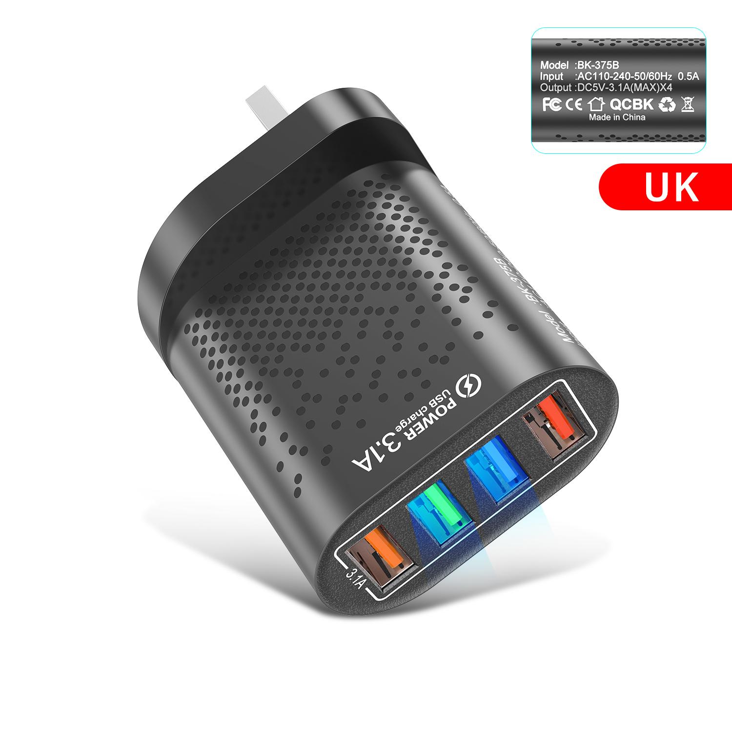 

Зарядное устройство USB 3.1A Адаптер для мобильного телефона 4 порта Мультизарядное устройство Вилка для Великобритании/США Настенное зарядное устройство для Xiaomi Redmi POCO Планшеты Ноутбуки UK Plug Black