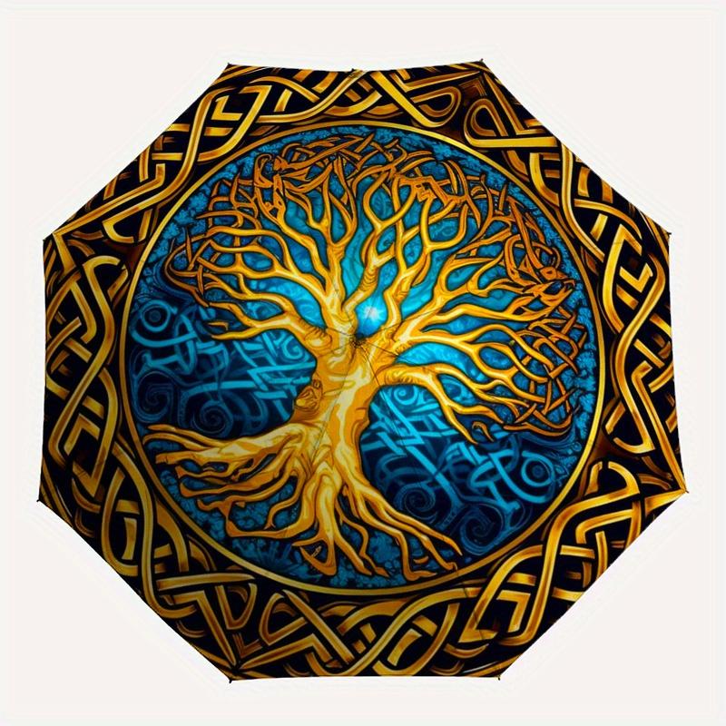 Golden Tree of Life Umbrella, Portable 3-Fold Umbrella for Men & Women,Christmas Gift ES308