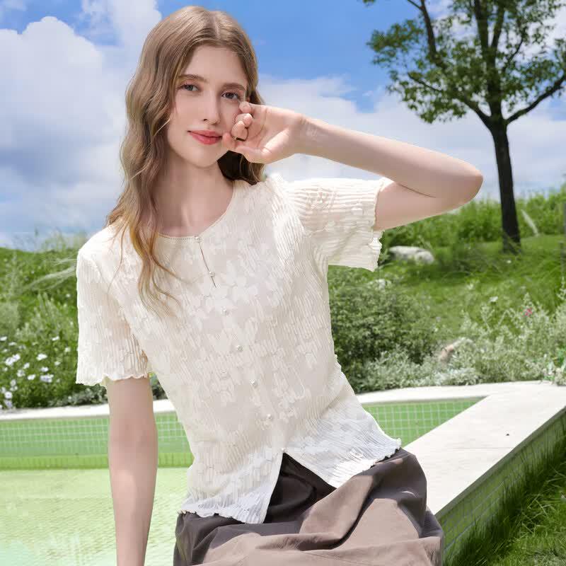 Betu Women's French Lace Short Sleeve Ruched T-shirt
