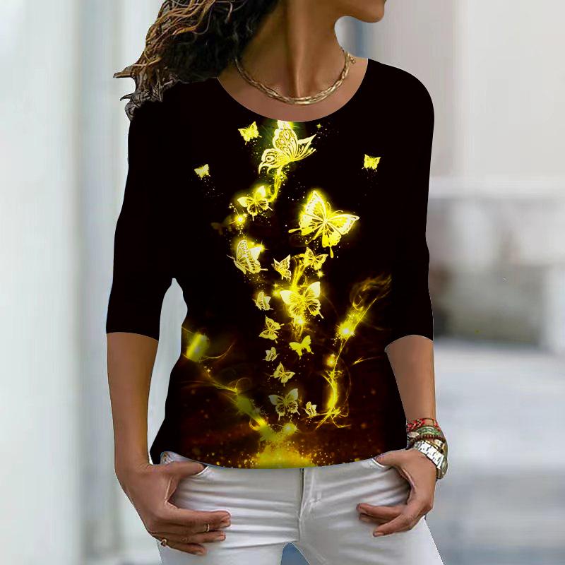 Women Autumn Tops Loose Blue Crystal Butterfly Print Causal Long Sleeve T-shirt Top Blouse
