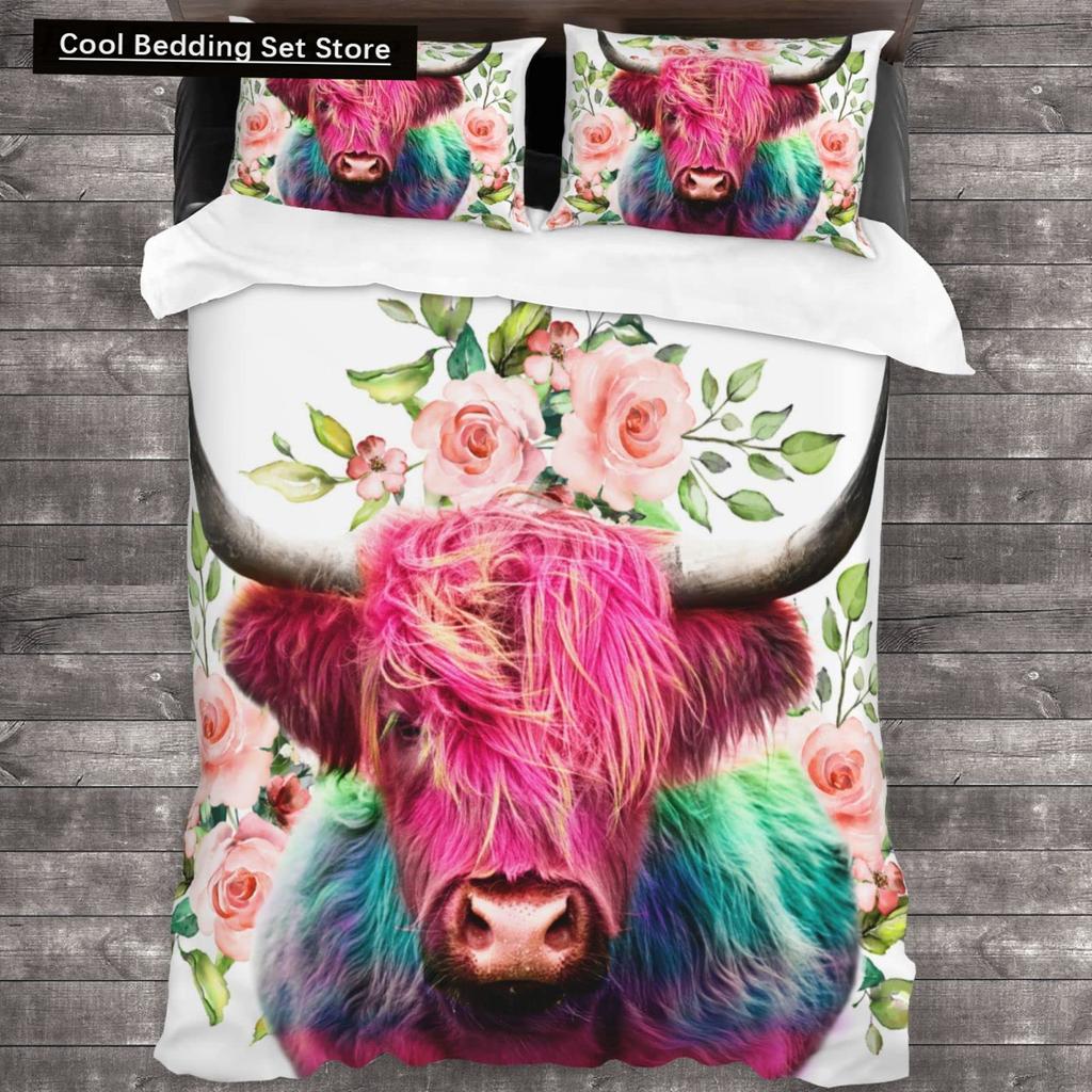 Comforter Cow Herd Pattern King Queen Bedding Set Highland Bull Farm Animal Dairy Cattle Comforter Polyester