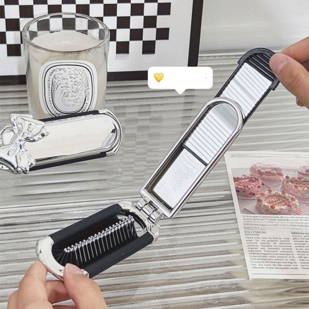 Mini Foldable Hair Comb Bowknot Air Bag Hair Brush Portable 2 in 1 Comb Mirror Set  Travel