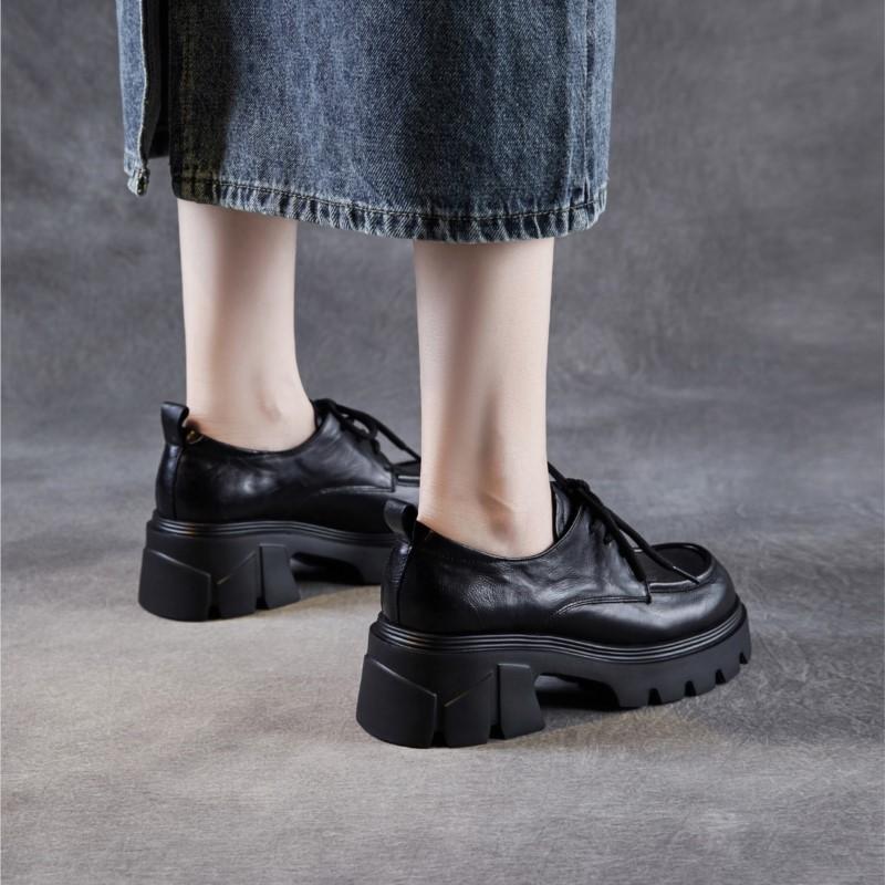 Johnature Genuine Leather Retro Women's Thick Heels Shoes British Style Thick Soled Lace Up Pumps