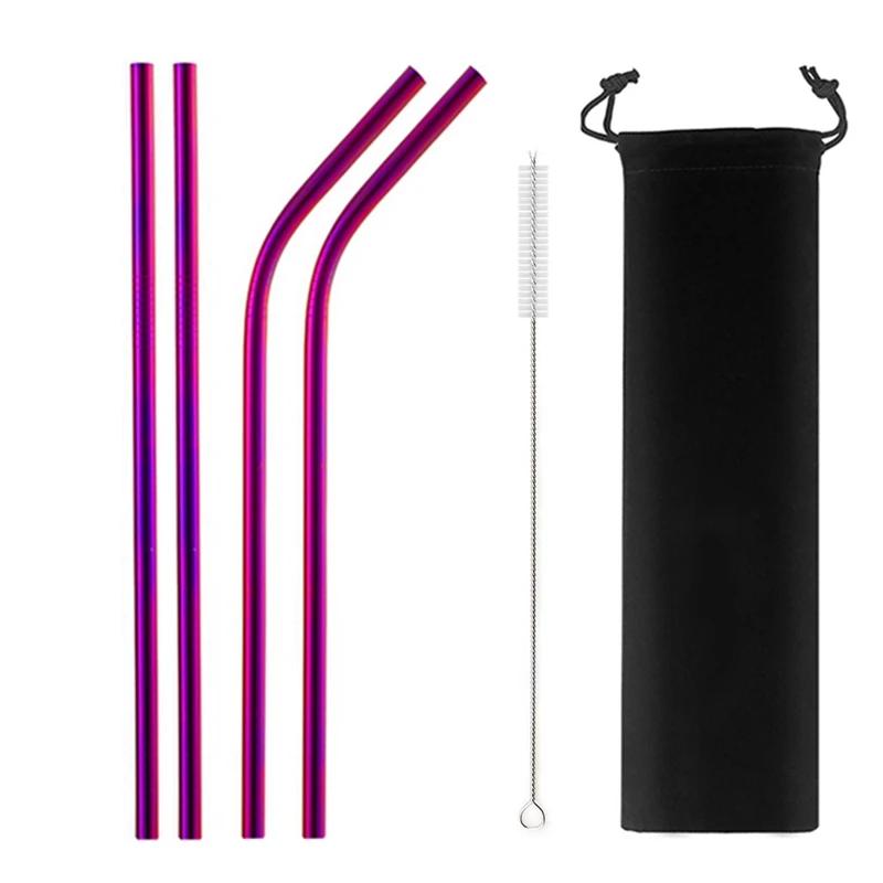 Mixing Color Reusable Metal Drinking Straws 304 Stainless Steel Straw Set with Cleaner Brush Bar Drinkware Party Accessory