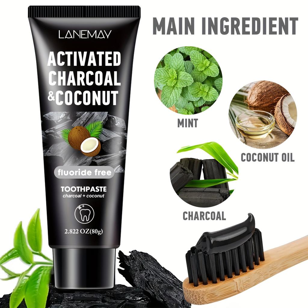 Lanemay Charcoal & Coconut Toothpaste - Deep Cleansing, Whitening Teeth, Natural Whitening, Freshens Breath, 2.82Oz