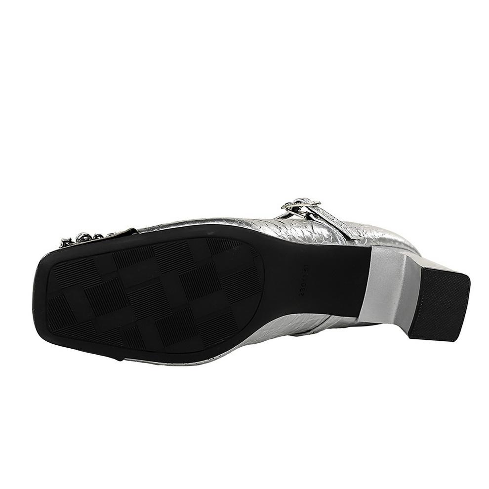 Shallow Mouth Square Toe Color Blocked Metal Rhinestone Buckle Straight Strap Single Shoe