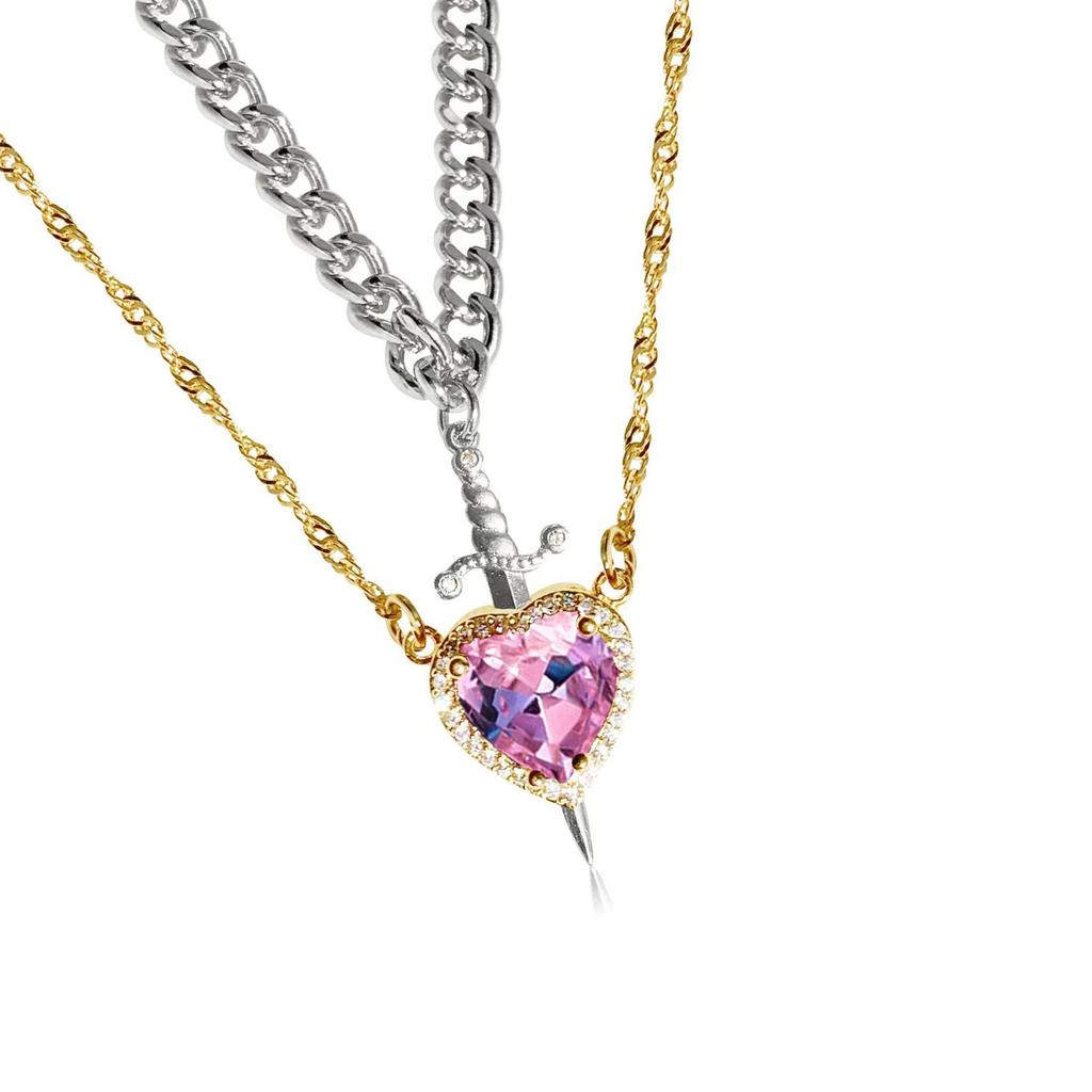 Crystal Heart and Swords Zircon Pendant Necklace for Women Men Adjustable Neckchain Silver/Gold Plated Chain Choker